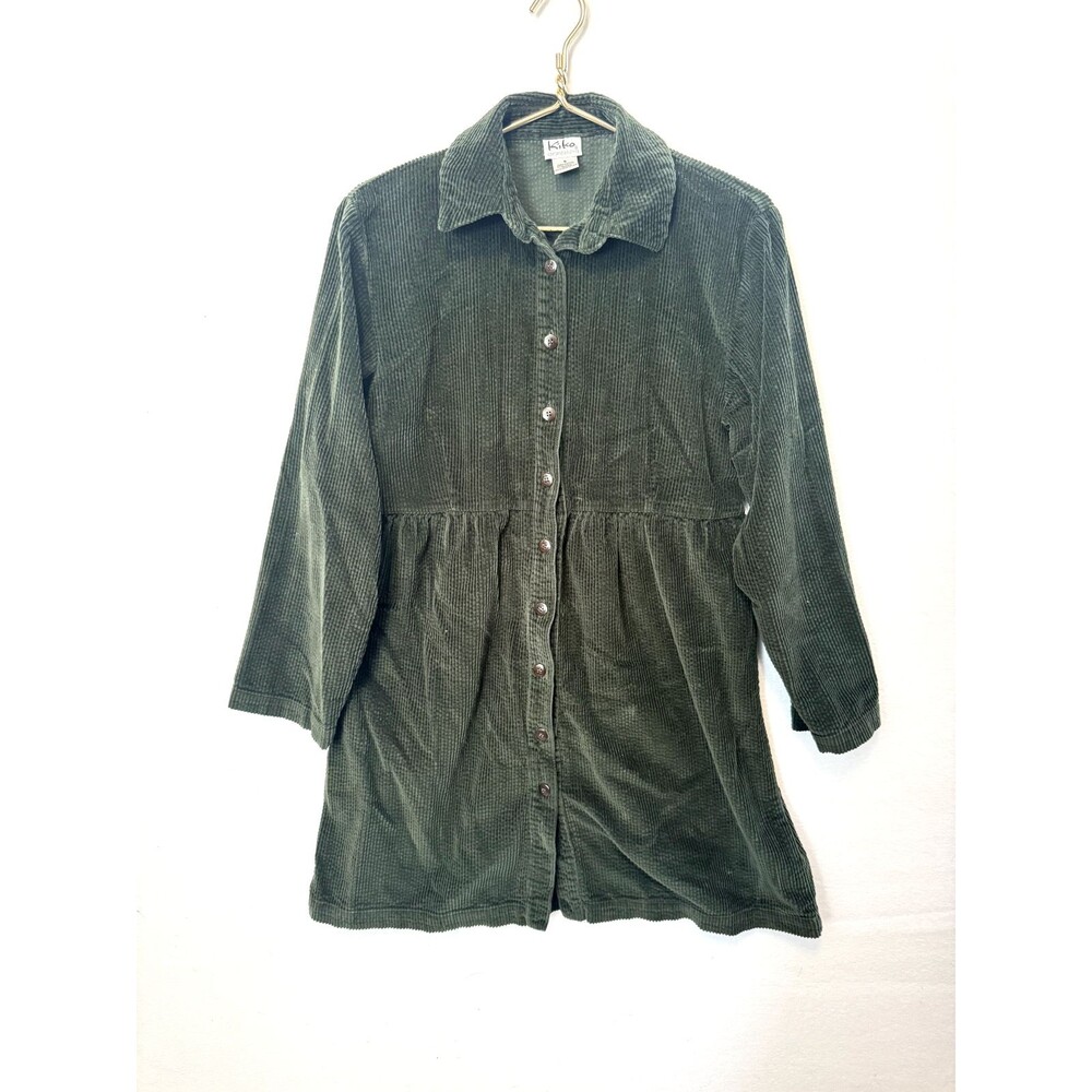 Vintage Corduroy Midi Shirt Dress Kiko Comfortable Clothing Green Size Small